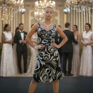 Maggy London 6P Black Silver Gray Satin Sheath Midi Dress Sleeveless Cocktail